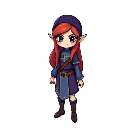 una bruja kawaii similar a link del juego legend of zelda, con una escoba, traje medio morado tirado a azul, con cabello largo y rubio