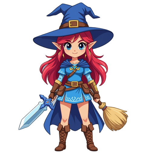 portada de un juego de una bruja femenina y kawaii guerrera que se parece a zelda en un mundo tipo hyrule, traje azul medio negro, pelo rubio con sombrero de bruja 