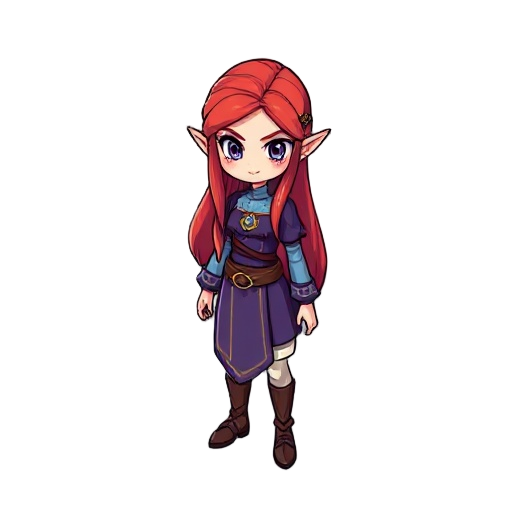 una bruja rubia kawaii similar a link del juego legend of zelda, con una escoba, traje medio morado tirado a azul, con cabello largo y rubio