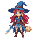 portada de un juego de una bruja femenina y kawaii guerrera que se parece a zelda en un mundo tipo hyrule, traje azul medio negro, pelo rubio con sombrero de bruja 