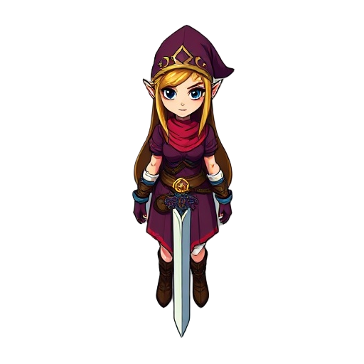 bruja tipo link de legend of zelda, ropa morada, rubia, con una espada y escudo, con una escoba que la siga. 