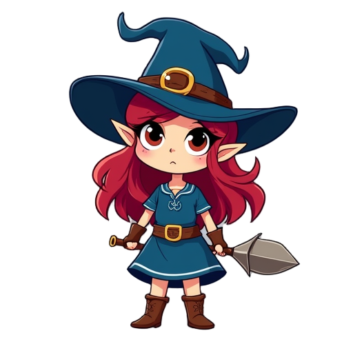 portada de un juego de una bruja femenina y kawaii guerrera que se parece a zelda en un mundo tipo hyrule, traje azul medio negro, pelo rubio con sombrero de bruja 