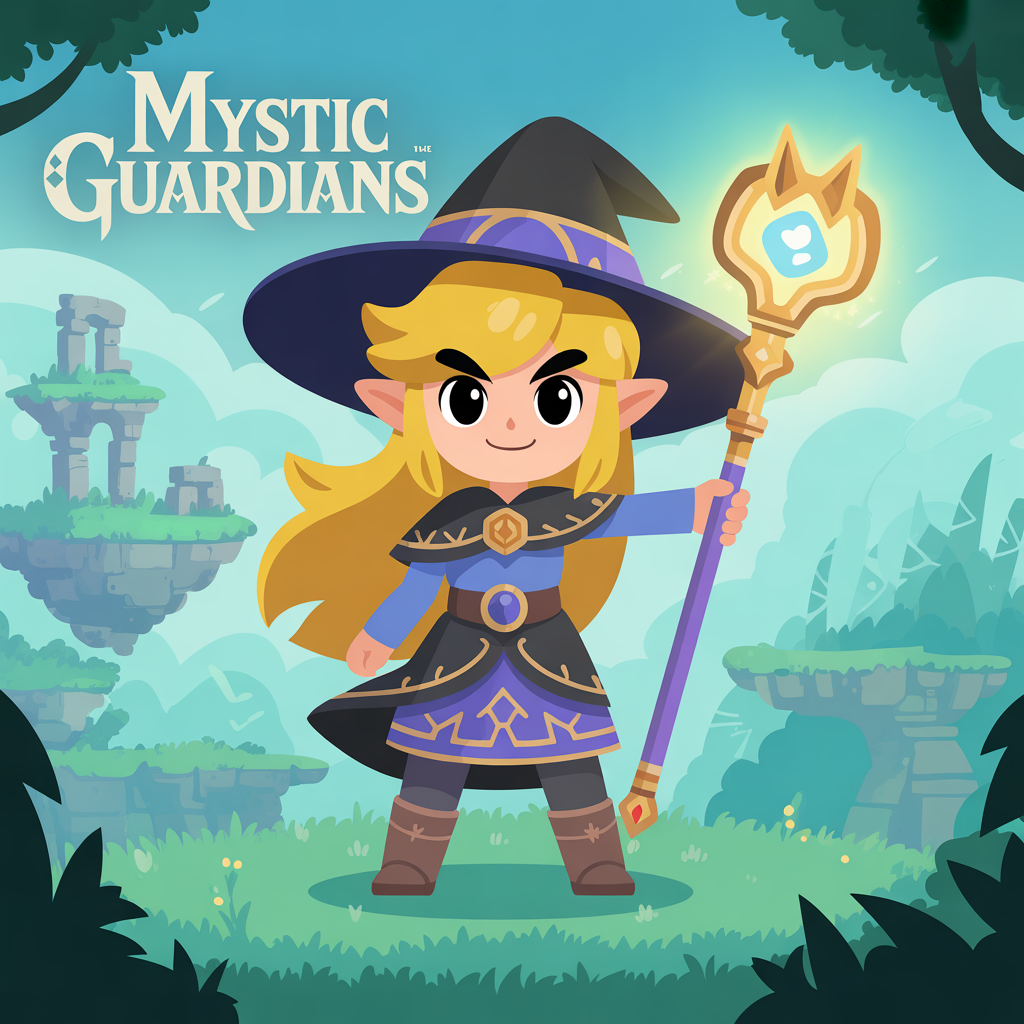 portada de un juego de una bruja femenina y kawaii guerrera que se parece a zelda en un mundo tipo hyrule, traje azul medio negro, pelo rubio con sombrero de bruja 
