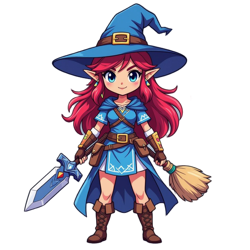 portada de un juego de una bruja femenina y kawaii guerrera que se parece a zelda en un mundo tipo hyrule, traje azul medio negro, pelo rubio con sombrero de bruja 