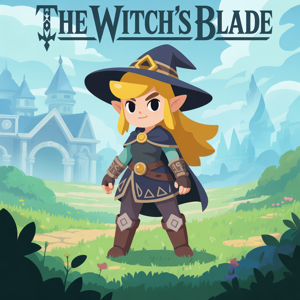 portada de un juego de una bruja femenina y kawaii guerrera que se parece a zelda en un mundo tipo hyrule, traje azul medio negro, pelo rubio con sombrero de bruja 