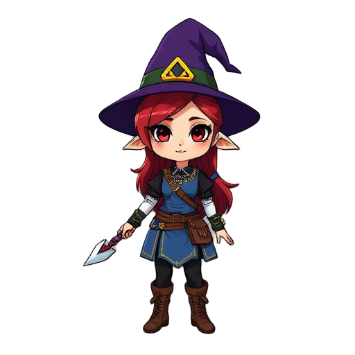 portada de un juego de una bruja femenina y kawaii guerrera que se parece a zelda en un mundo tipo hyrule, traje azul medio negro, pelo rubio con sombrero de bruja 