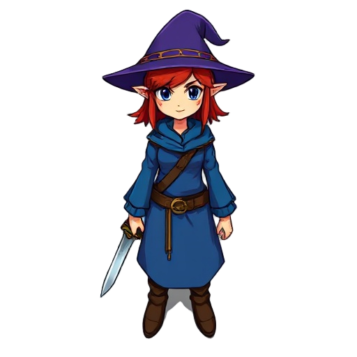 personaje de una bruja, similar a link de legend of zelda, pelo rubio, ropa morada casi azul, con sombrero, que tenga una espada en la mano