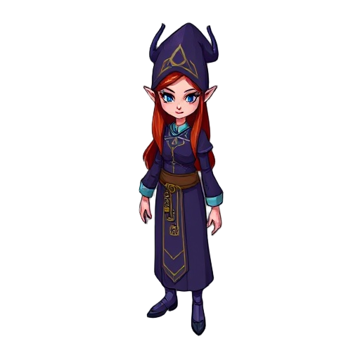 una bruja similar a zelda del juego legend of zelda, con una escoba, traje medio morado tirado a azul, con pelo largo y rubio