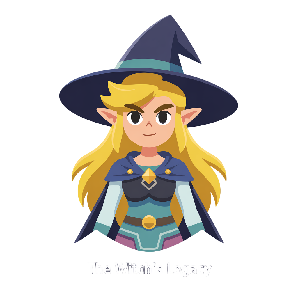portada de un juego de una bruja femenina y kawaii guerrera que se parece a zelda en un mundo tipo hyrule, traje azul medio negro, pelo rubio con sombrero de bruja 