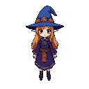 una bruja rubia kawaii similar a link del juego legend of zelda, con una escoba, traje medio morado tirado a azul, sombrero de bruja