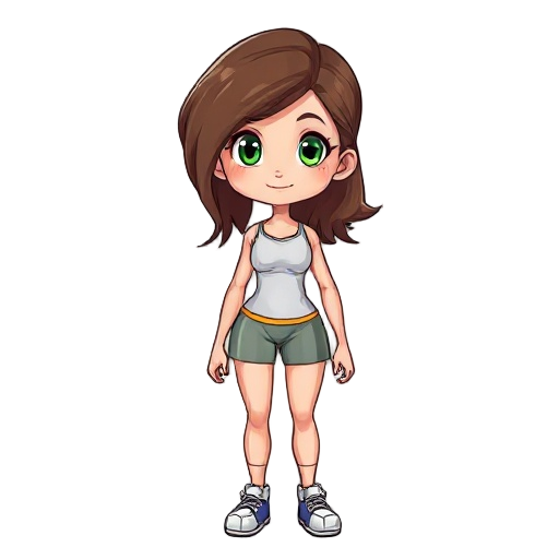 beautiful girl, brown hair, green eyes, athletic body, fit body, brown hair, front view, fair skin, full body, character design