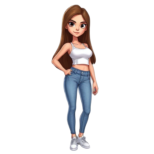 athletic_body, medium_height, narrowed eyes, strong_arms, brown_long_straight_hair, very_fair_skin, perfect_face.  white crop tank top, tight high-waisted skinny denim jeans, white shoes.