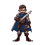 "create a detailed 2d pixel-art warrior character standing in a battle-ready pose. the warrior should have a strong, heroic stance, wearing a blue cape, leather armor, and wielding a sharp sword with