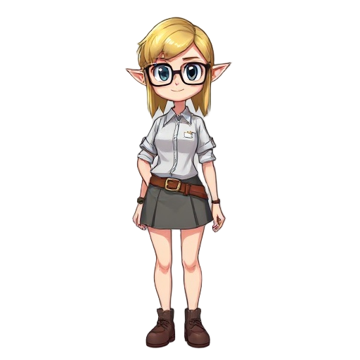 elf girl with blonde hair, glasses, miniskirt and an office shirt.