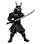  samurai em pose de combate, katana empunhada. paleta limitada preto, branco e roxo. armadura detalhada, sombras sutis, fundo simples ou transparente. estilo retrô, dramático e elegante, transmitindo profundidade apenas com as três cores.