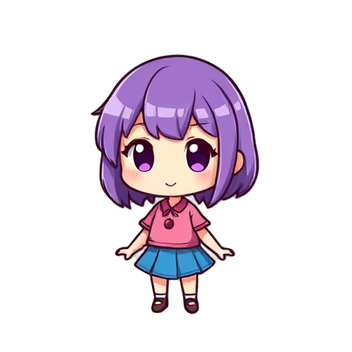a girl, purple hair, chibi character, pink shirt, blue skirt