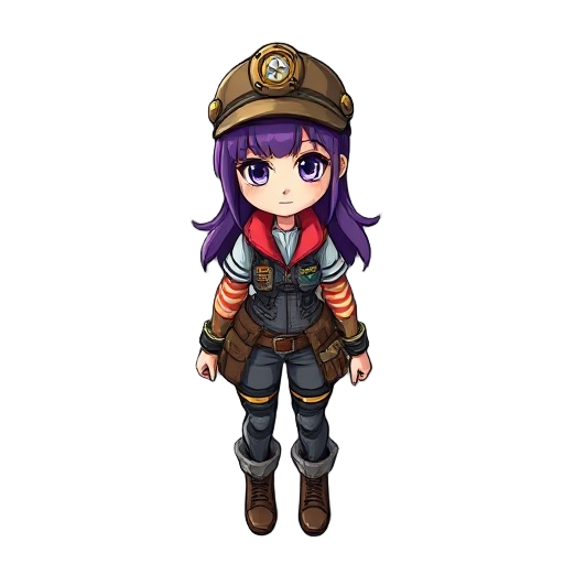 girl engineer, steampunk, beautiful figure, purple hair