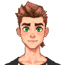 a 25 year old white man with green eyes, brown hair, a mullet hairstyle, slender but fit