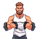 a hairy muscular man in a white tank top doing bicep curls with weights
