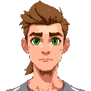 a 25 year old white man with green eyes, brown hair, a mullet hairstyle, slender but fit