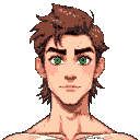 a 25 year old white man with green-blueish eyes, dark wavy brown hair, a mullet hairstyle, slender but fit