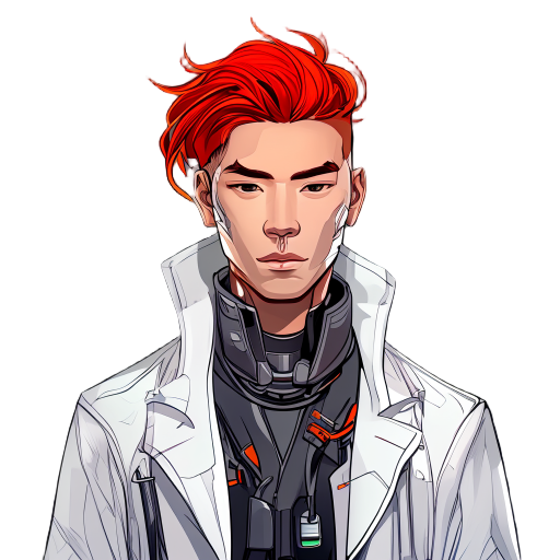 cyberpunk man with scientist gown red hair,long leg, asia man,25 year old