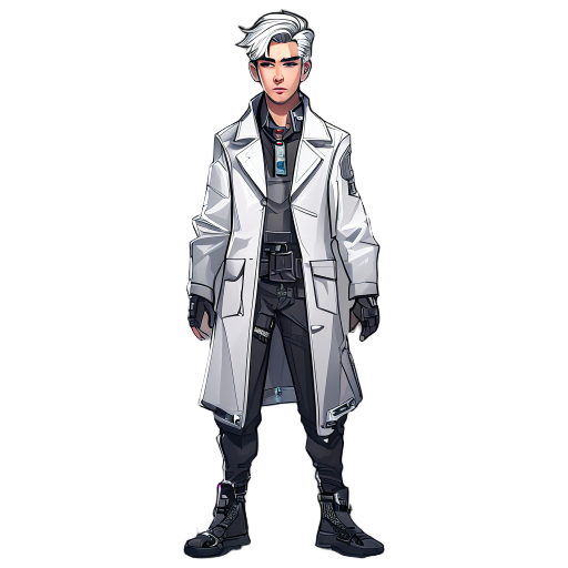 cyberpunk man with scientist gown silver hair,short hair, asia man,25 year old