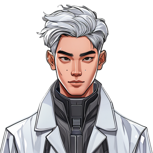 cyberpunk man with scientist gown silver hair,short hair, asia man,25 year old