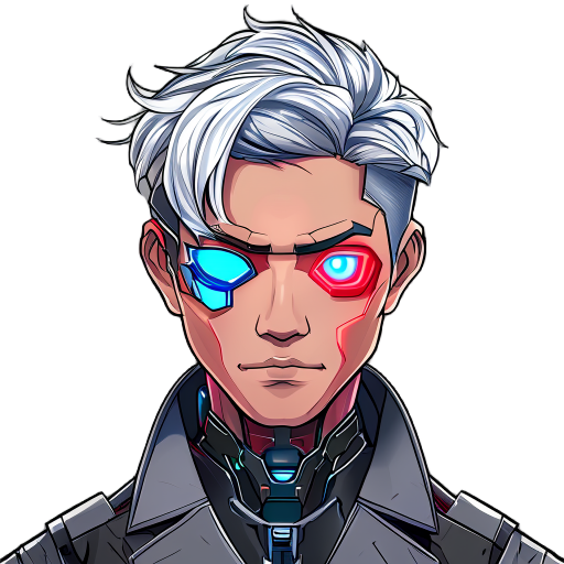 cyberpunk man with scientist gown silver hair,short hair, asia man,25 year old,left eye red, right eye blue