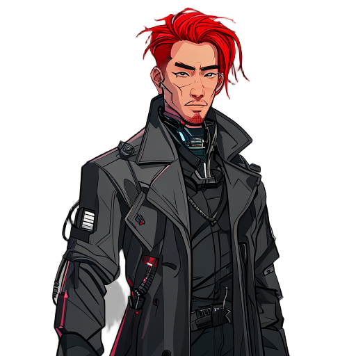 cyberpunk man with scientist gown red hair,long leg, asia man