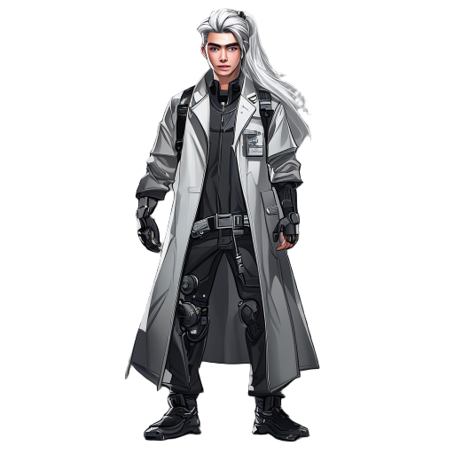 cyberpunk man with scientist gown silver hair,long leg, asia man,25 year old