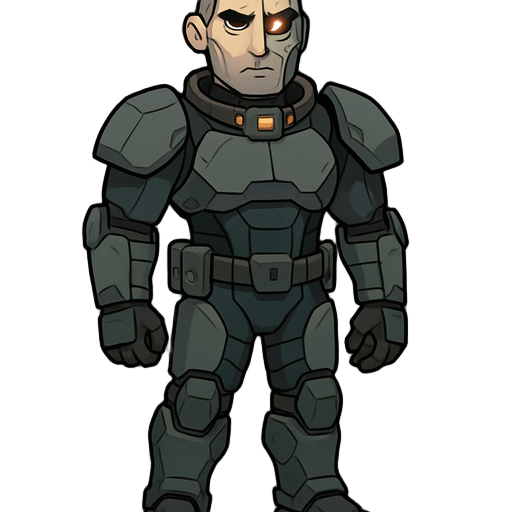 augmented space mercenary, appears 30. half his face is cybernetic, one eye a glowing optic. neural interface on the neck, armored suit with exoframe. cold, precise, deadly — a weapon in human form.