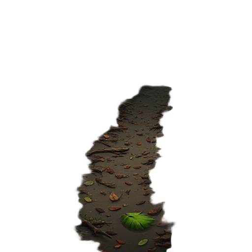 realistic forest floor of the amazon rainforest, densely covered with fallen leaves, moss, wet soil, tangled roots, small tropical plants, scattered twigs, mushrooms, and ferns. dim natural light filters through the thick jungle canopy above, creating sof