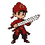 pixel art of pitung, a young and heroic indonesian warrior, in a retro 8-bit or 16-bit style. he wears a red peci (cap), a red long-sleeved shirt, dark pants, and a red sash around his waist. he wield
