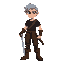 a warrior with gray hair, black tshirt, dark brown pants, a sword, and a brown boots