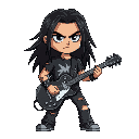 metalhead character from a top-down perspective, the character has long dark hair, a torn black t-shirt, and holds an electric guitar