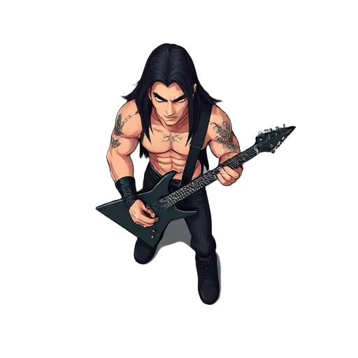  muscular, masculine metalhead character, long dark hair, seen from a top-down perspective, holding a guitar like