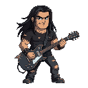 masculine, muscular, metalhead character from a top-down perspective, the character has long dark hair, a torn black t-shirt, and holds an electric guitar