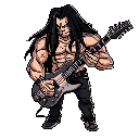  muscular, masculine metalhead character, long dark hair, seen from a top-down perspective, holding a guitar like