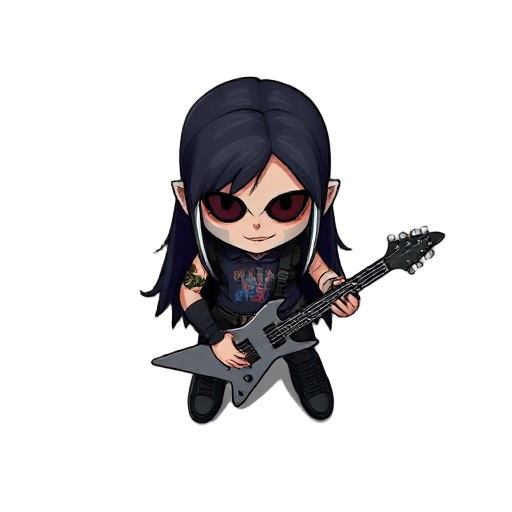  metalhead character, long dark hair, seen from a top-down perspective, holding a guitar like
