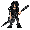 metalhead character, top-down view, long dark hair, torn black t-shirt, holds an electric guitar like a sword, simple dark background