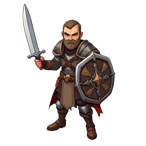 proportional male swordsman inspired by diablo ii, no big head, no hunchback. in one hand he wields a broad steel sword, buckler shield in other hand.