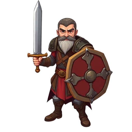 proportional male swordsman inspired by diablo ii,  no hunchback. in one hand he wields a broad steel sword, buckler shield in other hand.