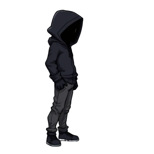 a full body no face dark hooded character standing side profile in the style of a grungy comic book style