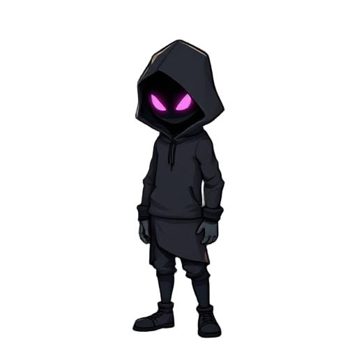 a full body no face dark hooded character with pink glowing eyes standing side profile in a grungy comic book style
