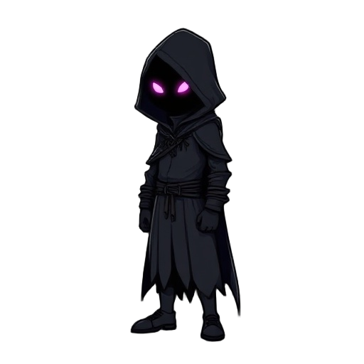 a full body no face dark hooded character with a black cloak standing side profile with pink glowing eyes in the style of a grungy comic book style