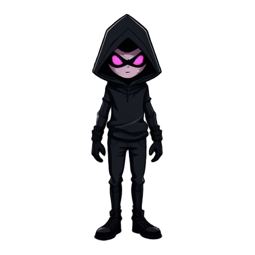 a comic book style dark hooded figure wearing black gloves, black pants, black top with pink glowing eyes