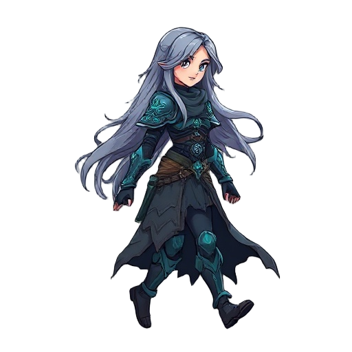 generate a 2d sprite sheet for a side-view walking animation of a mysterious female warrior with long, flowing ash-gray hair, wearing dusk-blue armor with glowing runes and a tattered cloak. her movem