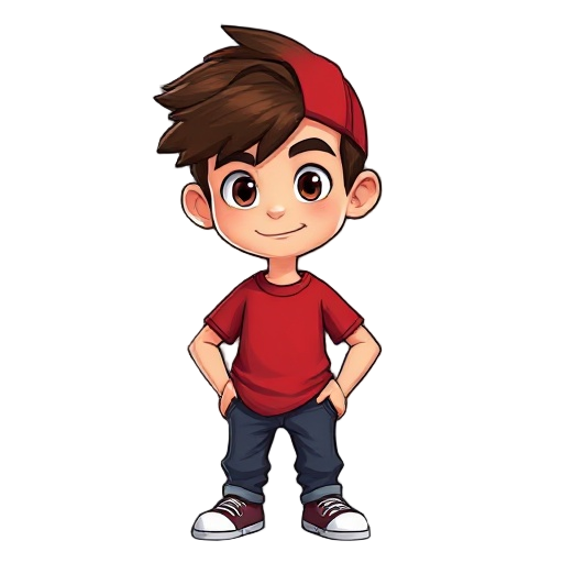 teenage boy, dark brown hair, 3d cartoon style, red t-shirt, cap, pants, energetic and casual look, bold colors.