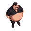 a fat man , very fat , brown color short , wearing black shirt hair, camera view look right